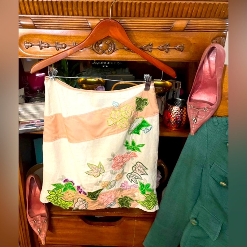 Nanette Lepore Chic Ivory Multicolored Embroidered Floral Print Linen Skirt